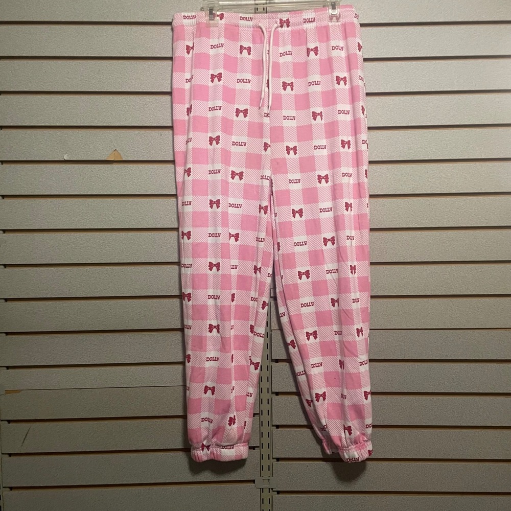Dolly Parton Pink Gingham Bow‎ Pajama Joggers XL Buffalo Check Lounge Pants